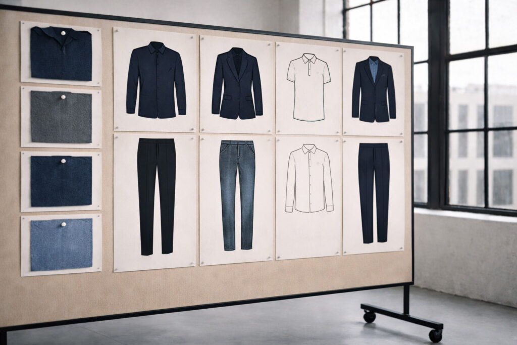 Collection Board für Corporate Fashion für Büro und Dienstleistungen mit Blazern, Hosen, Hemden und Poloshirts in abgestimmten Farb- und Materialkonzepten.