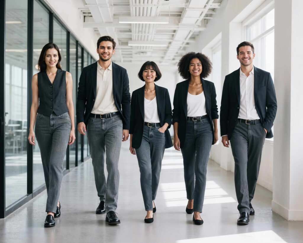 Corporate Fashion für Büro und Dienstleistungen mit moderner Mitarbeiterbekleidung für professionelle Arbeitsumgebungen.