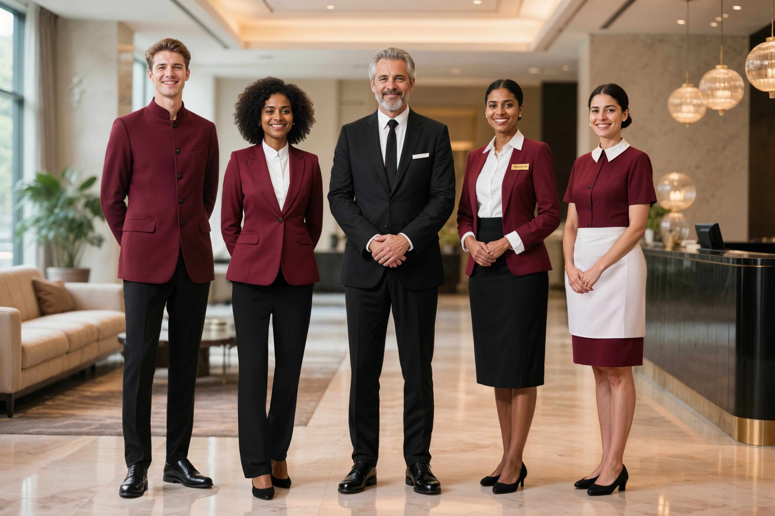 Service- und Empfangsteam eines Hotels in moderner Corporate Fashion für Hotellerie und Gastronomie mit einheitlichen, eleganten Uniformen