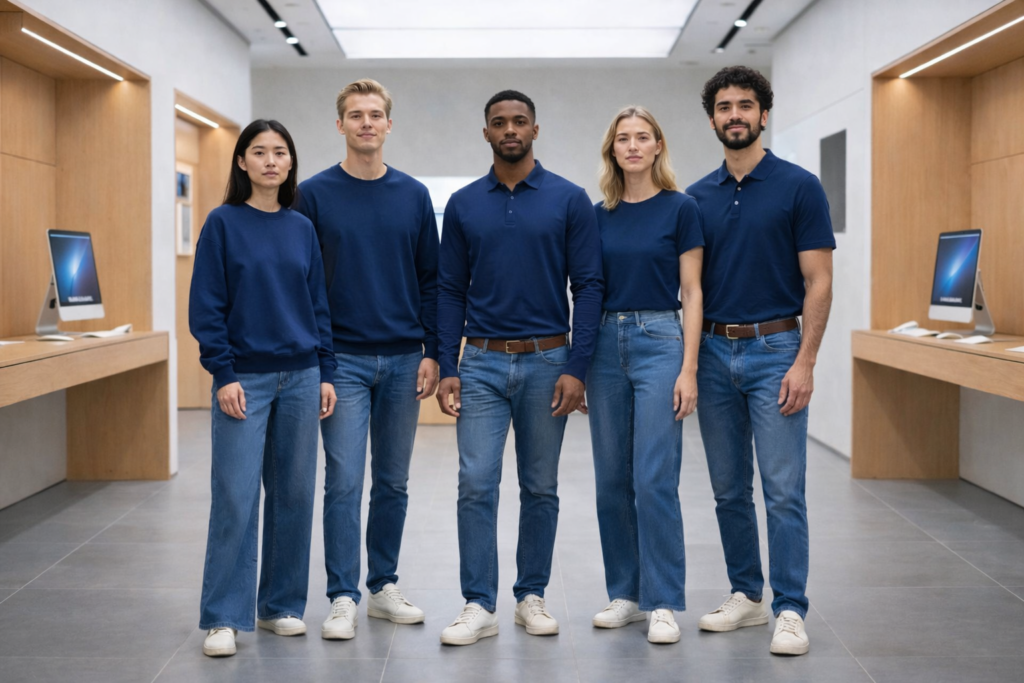 Einheitliche Corporate Fashion für Unternehmen mit T-Shirts, Poloshirts und Sweatern im CI-Design